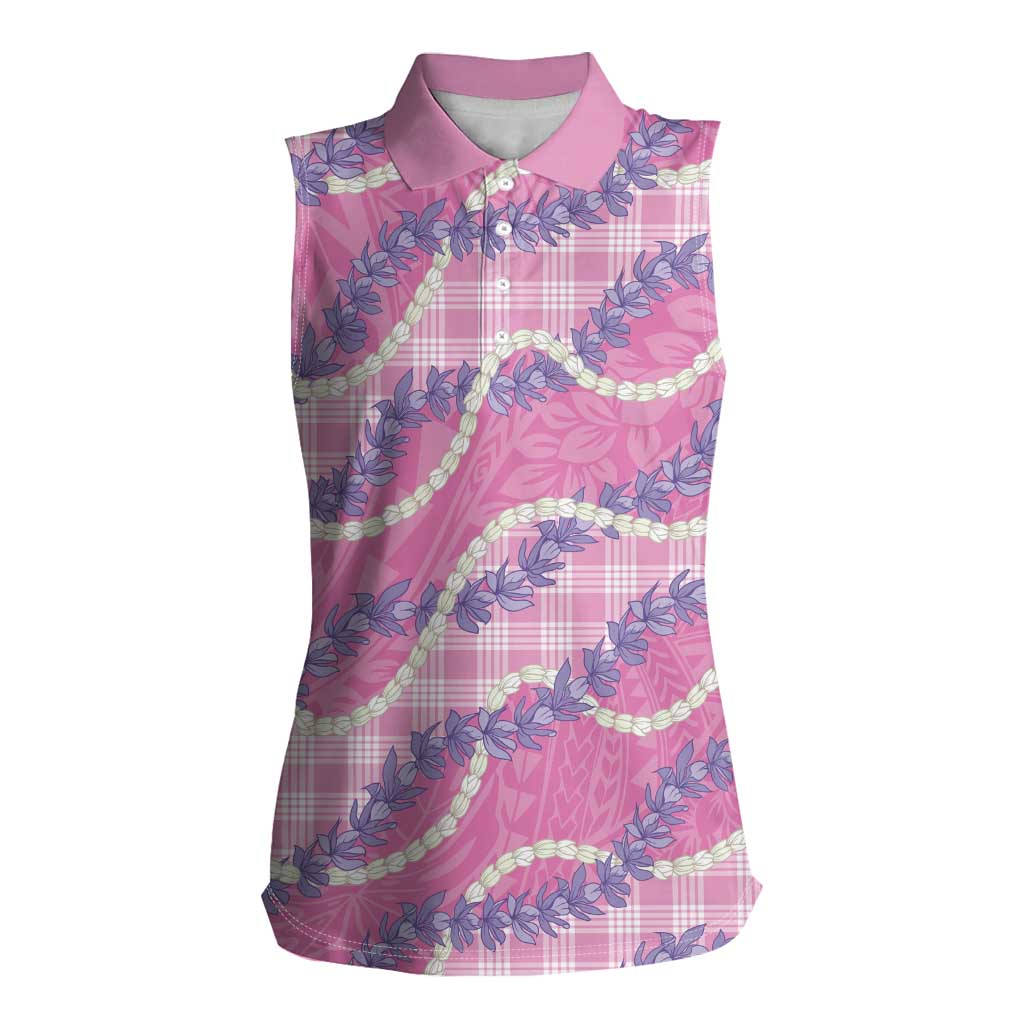 Pink Hawaii Palaka Honohono Pikake Women Sleeveless Polo Shirt Hawaiian Orchid Lei Polynesian Pattern LT14 Female Pink - Polynesian Pride