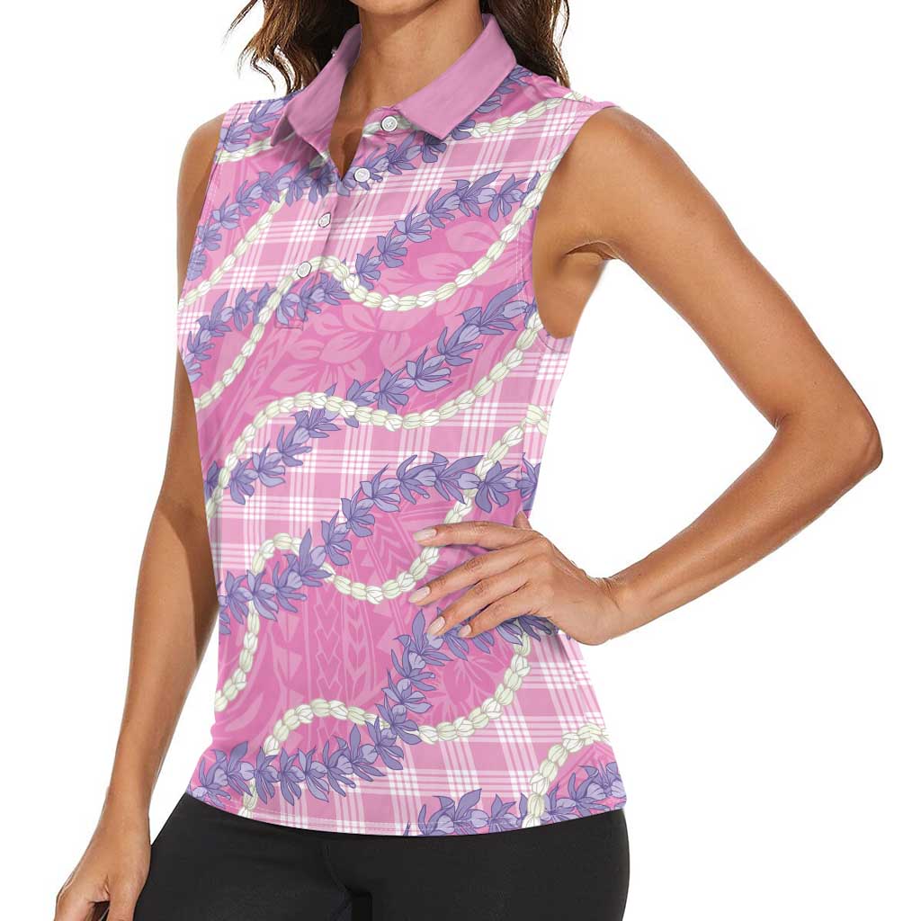 Pink Hawaii Palaka Honohono Pikake Women Sleeveless Polo Shirt Hawaiian Orchid Lei Polynesian Pattern LT14 - Polynesian Pride
