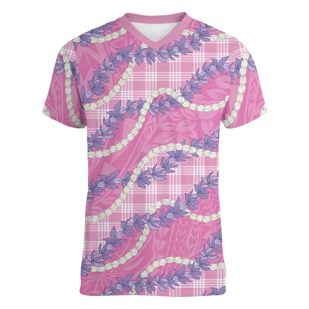 Pink Hawaii Palaka Honohono Pikake Women V-Neck T-Shirt Hawaiian Orchid Lei Polynesian Pattern LT14 Female Pink - Polynesian Pride