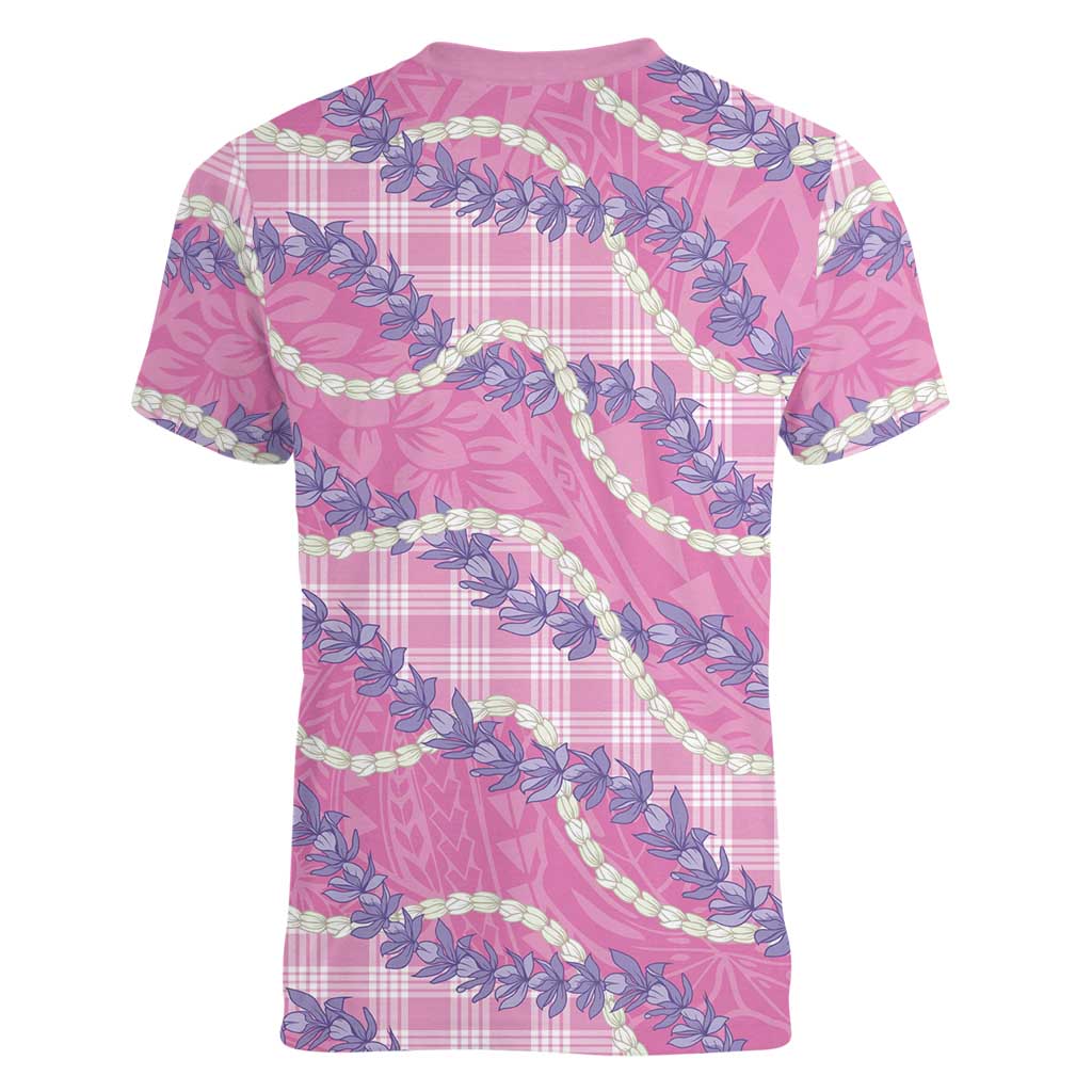 Pink Hawaii Palaka Honohono Pikake Women V-Neck T-Shirt Hawaiian Orchid Lei Polynesian Pattern LT14 - Polynesian Pride