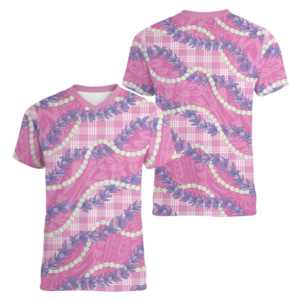 Pink Hawaii Palaka Honohono Pikake Women V-Neck T-Shirt Hawaiian Orchid Lei Polynesian Pattern LT14 - Polynesian Pride