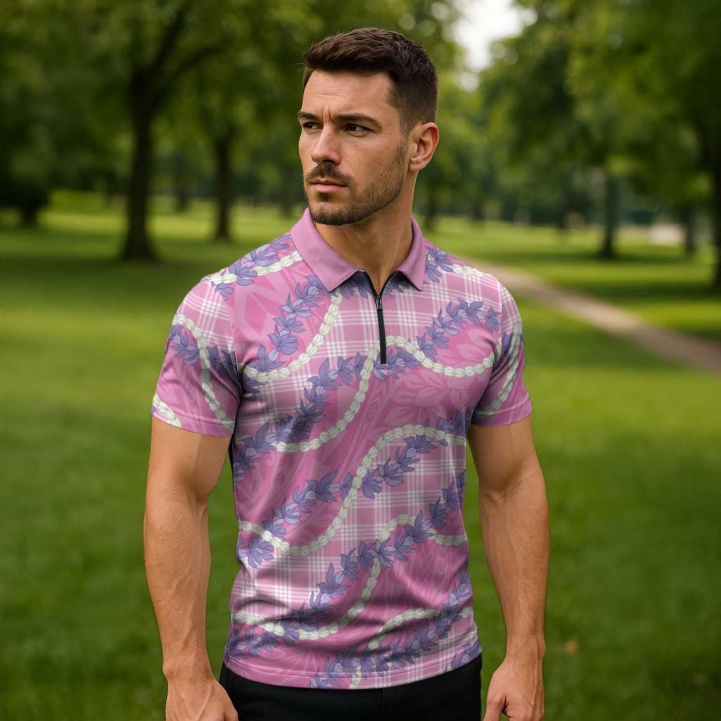 Pink Hawaii Palaka Honohono Pikake Zipper Polo Shirt Hawaiian Orchid Lei Polynesian Pattern LT14 - Polynesian Pride
