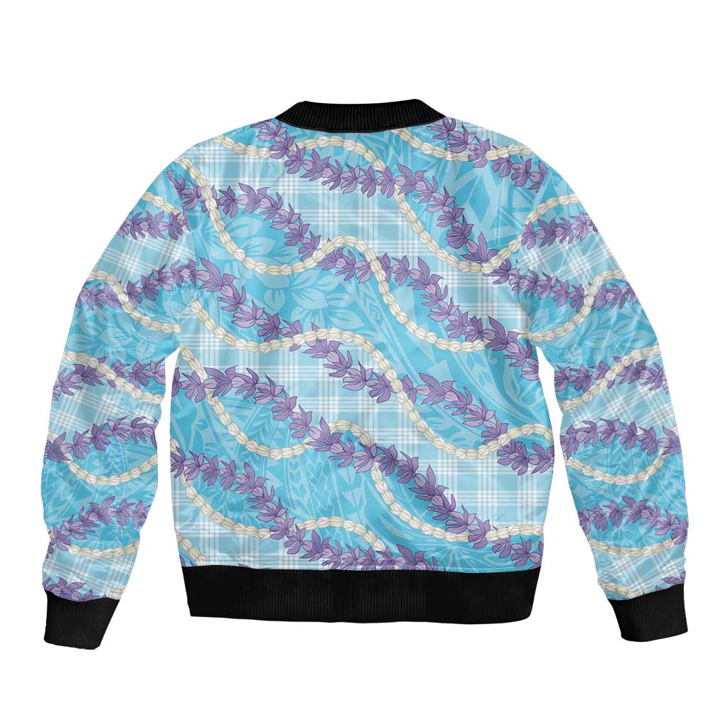 Blue Hawaii Palaka Honohono Pikake Bomber Jacket Hawaiian Orchid Lei Polynesian Pattern - Polynesian Pride