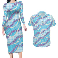 Blue Hawaii Palaka Honohono Pikake Couples Matching Long Sleeve Bodycon Dress and Hawaiian Shirt Hawaiian Orchid Lei Polynesian Pattern LT14 Blue - Polynesian Pride