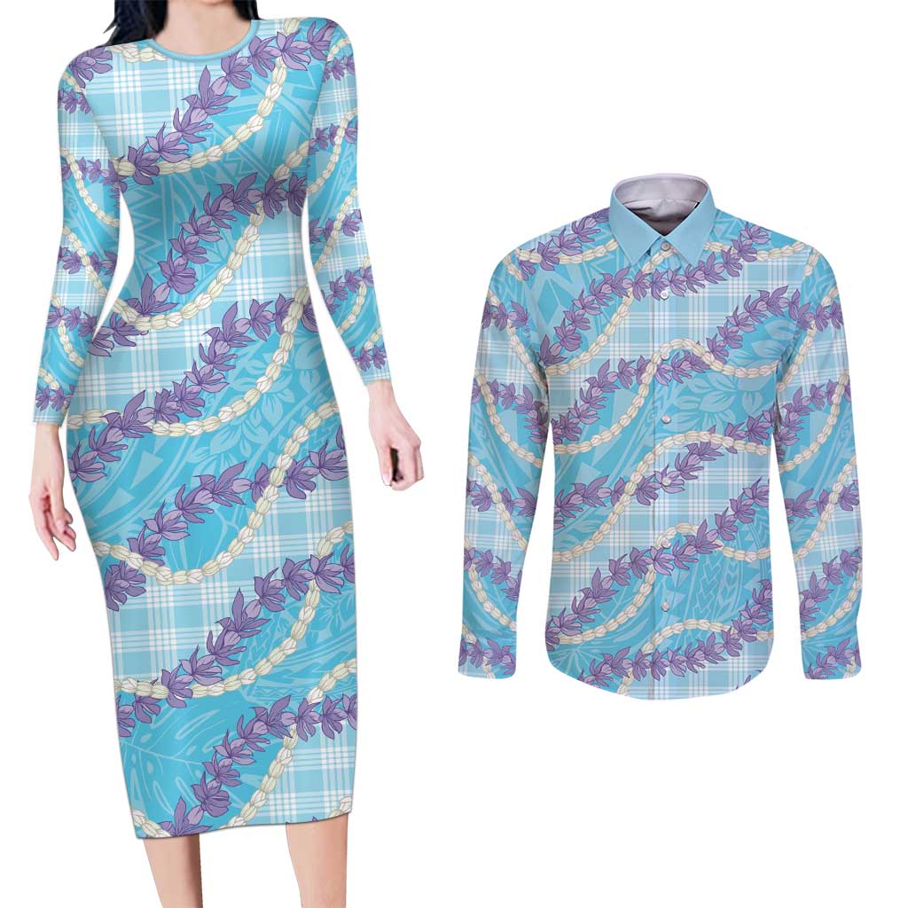 Blue Hawaii Palaka Honohono Pikake Couples Matching Long Sleeve Bodycon Dress and Long Sleeve Button Shirt Hawaiian Orchid Lei Polynesian Pattern LT14 Blue - Polynesian Pride