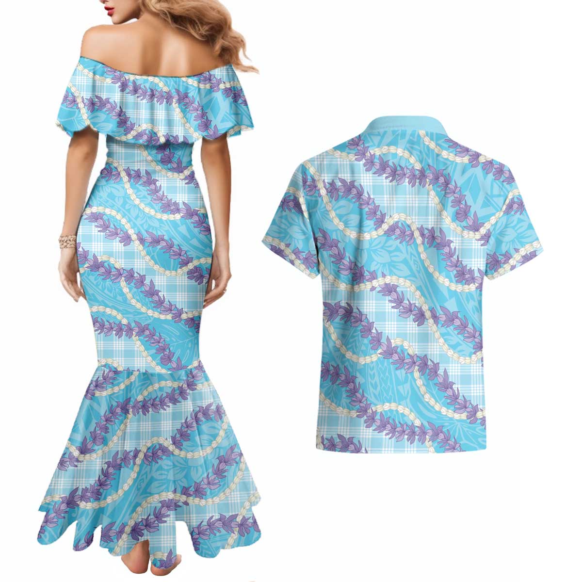 Blue Hawaii Palaka Honohono Pikake Couples Matching Mermaid Dress and Hawaiian Shirt Hawaiian Orchid Lei Polynesian Pattern LT14 - Polynesian Pride