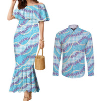 Blue Hawaii Palaka Honohono Pikake Couples Matching Mermaid Dress and Long Sleeve Button Shirt Hawaiian Orchid Lei Polynesian Pattern LT14 Blue - Polynesian Pride