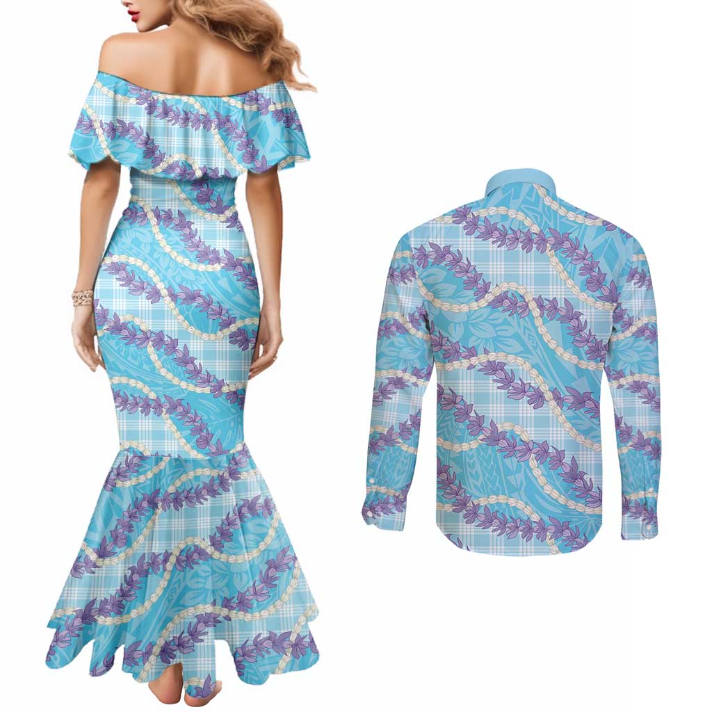 Blue Hawaii Palaka Honohono Pikake Couples Matching Mermaid Dress and Long Sleeve Button Shirt Hawaiian Orchid Lei Polynesian Pattern LT14 - Polynesian Pride