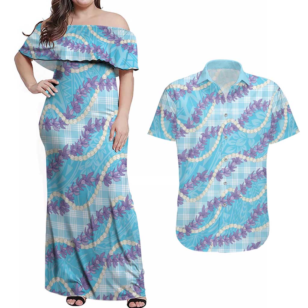 Blue Hawaii Palaka Honohono Pikake Couples Matching Off Shoulder Maxi Dress and Hawaiian Shirt Hawaiian Orchid Lei Polynesian Pattern LT14 Blue - Polynesian Pride