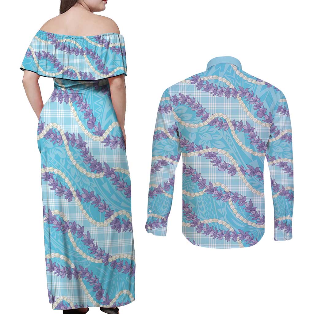 Blue Hawaii Palaka Honohono Pikake Couples Matching Off Shoulder Maxi Dress and Long Sleeve Button Shirt Hawaiian Orchid Lei Polynesian Pattern LT14 - Polynesian Pride