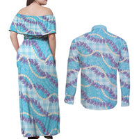 Blue Hawaii Palaka Honohono Pikake Couples Matching Off Shoulder Maxi Dress and Long Sleeve Button Shirt Hawaiian Orchid Lei Polynesian Pattern LT14 - Polynesian Pride