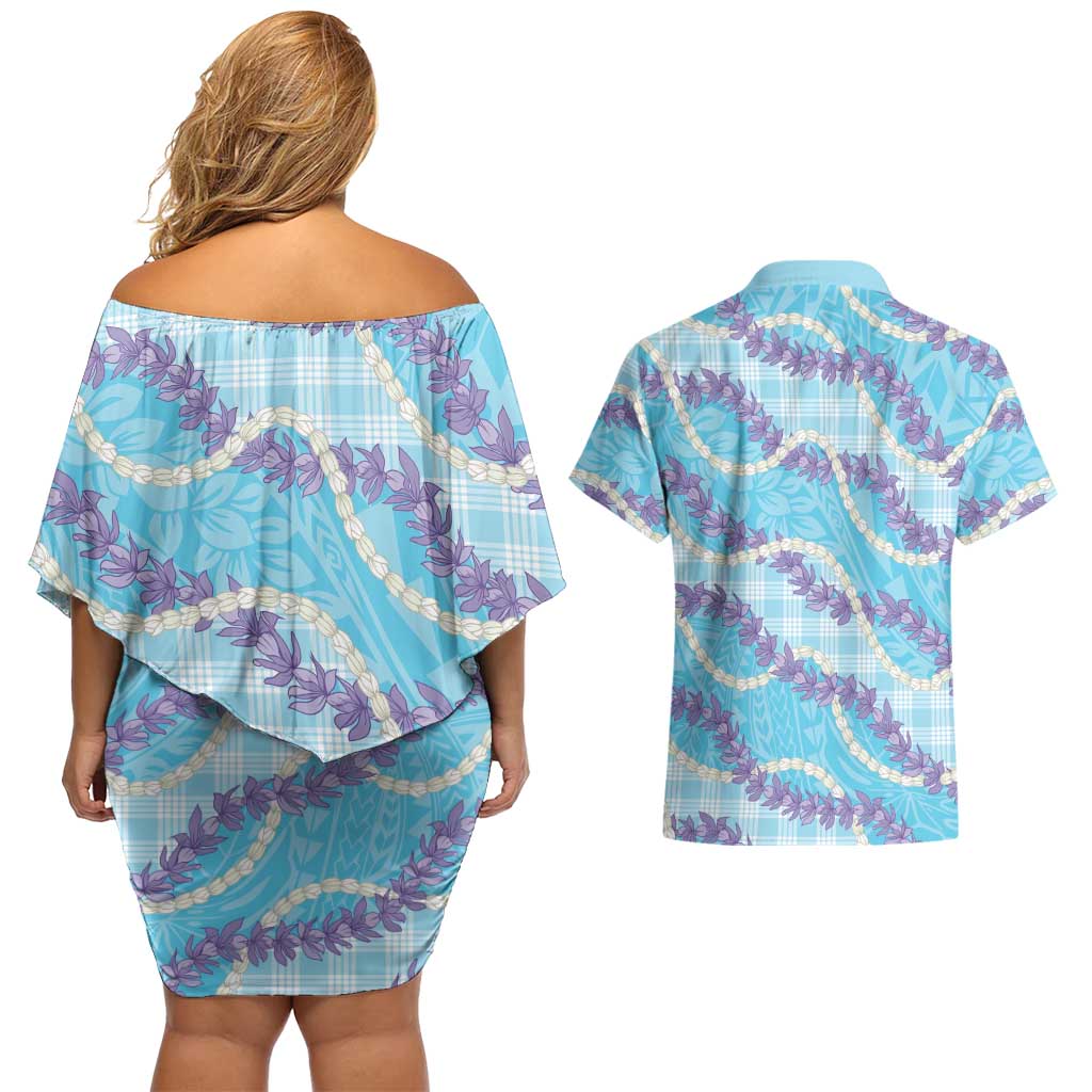 Blue Hawaii Palaka Honohono Pikake Couples Matching Off Shoulder Short Dress and Hawaiian Shirt Hawaiian Orchid Lei Polynesian Pattern LT14 - Polynesian Pride