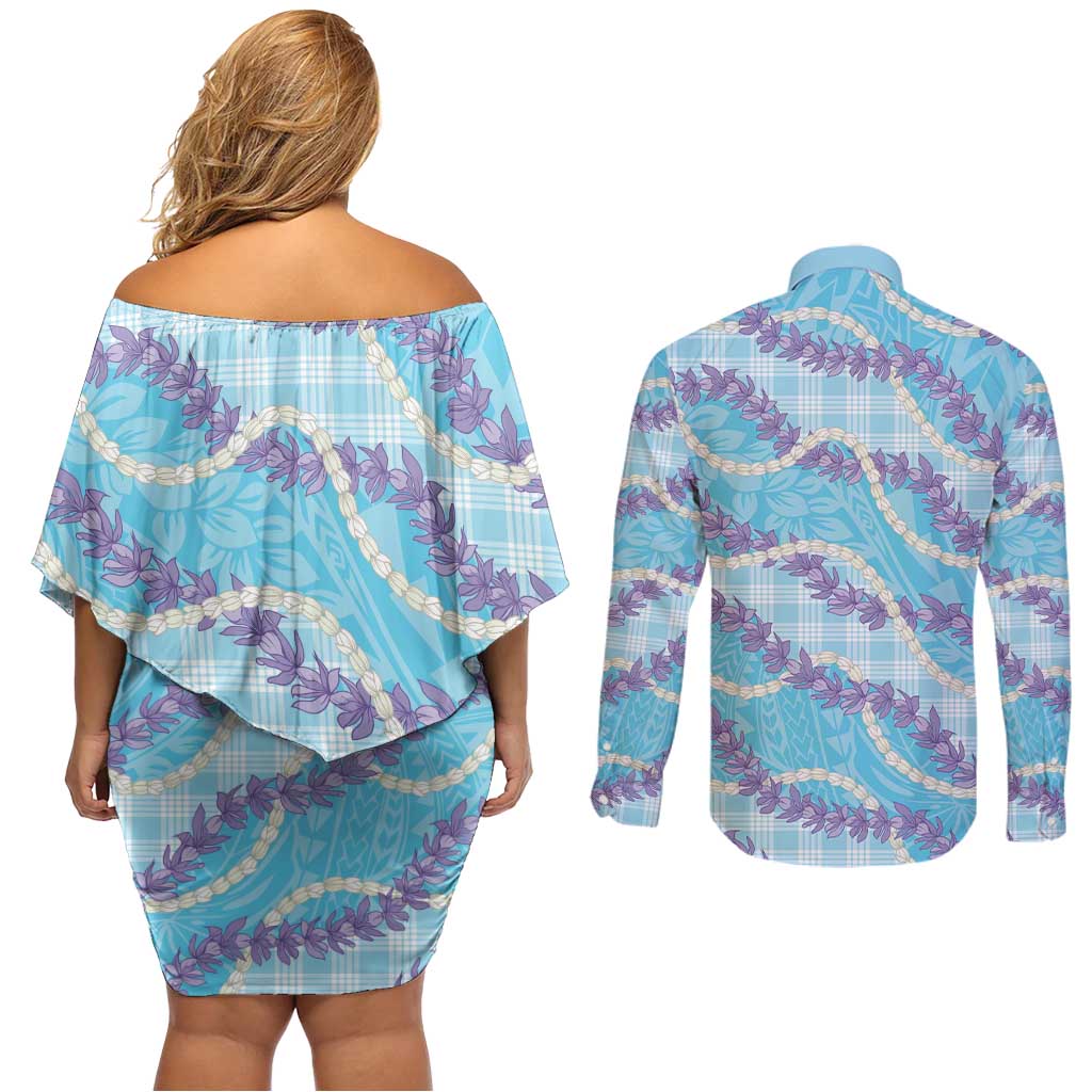 Blue Hawaii Palaka Honohono Pikake Couples Matching Off Shoulder Short Dress and Long Sleeve Button Shirt Hawaiian Orchid Lei Polynesian Pattern LT14 - Polynesian Pride