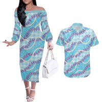 Blue Hawaii Palaka Honohono Pikake Couples Matching Off The Shoulder Long Sleeve Dress and Hawaiian Shirt Hawaiian Orchid Lei Polynesian Pattern LT14 Blue - Polynesian Pride