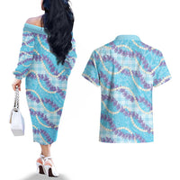 Blue Hawaii Palaka Honohono Pikake Couples Matching Off The Shoulder Long Sleeve Dress and Hawaiian Shirt Hawaiian Orchid Lei Polynesian Pattern LT14 - Polynesian Pride