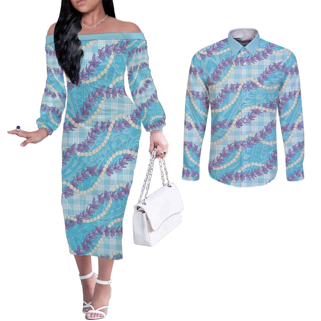 Blue Hawaii Palaka Honohono Pikake Couples Matching Off The Shoulder Long Sleeve Dress and Long Sleeve Button Shirt Hawaiian Orchid Lei Polynesian Pattern LT14 Blue - Polynesian Pride