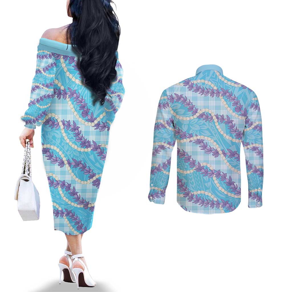 Blue Hawaii Palaka Honohono Pikake Couples Matching Off The Shoulder Long Sleeve Dress and Long Sleeve Button Shirt Hawaiian Orchid Lei Polynesian Pattern LT14 - Polynesian Pride
