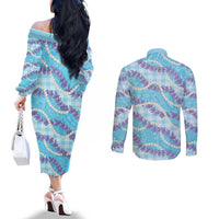 Blue Hawaii Palaka Honohono Pikake Couples Matching Off The Shoulder Long Sleeve Dress and Long Sleeve Button Shirt Hawaiian Orchid Lei Polynesian Pattern LT14 - Polynesian Pride