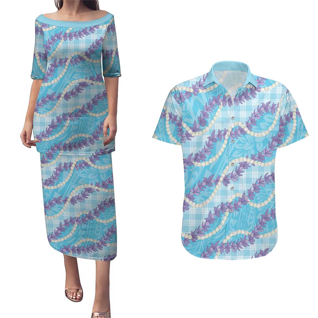 Blue Hawaii Palaka Honohono Pikake Couples Matching Puletasi and Hawaiian Shirt Hawaiian Orchid Lei Polynesian Pattern - Polynesian Pride