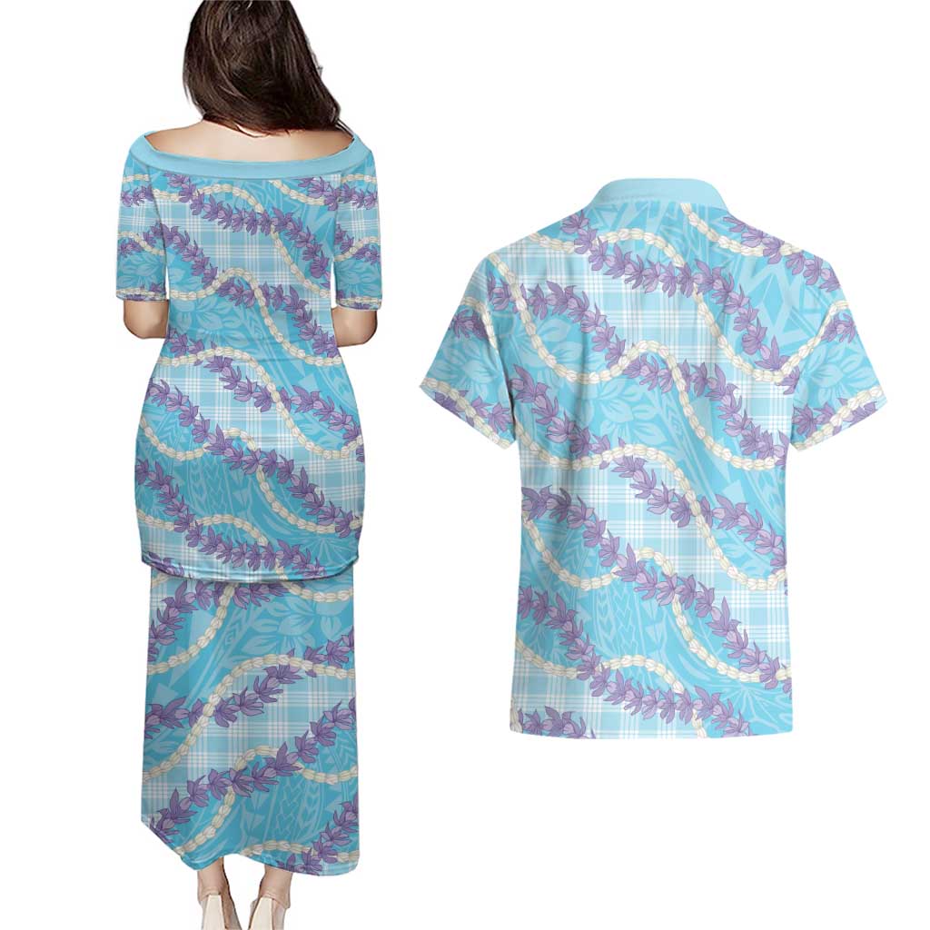 Blue Hawaii Palaka Honohono Pikake Couples Matching Puletasi and Hawaiian Shirt Hawaiian Orchid Lei Polynesian Pattern LT14 - Polynesian Pride