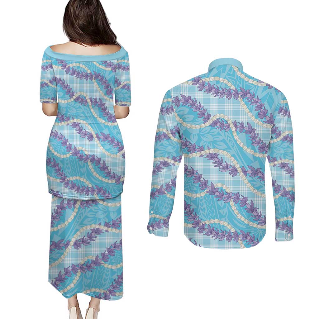 Blue Hawaii Palaka Honohono Pikake Couples Matching Puletasi and Long Sleeve Button Shirt Hawaiian Orchid Lei Polynesian Pattern LT14 - Polynesian Pride