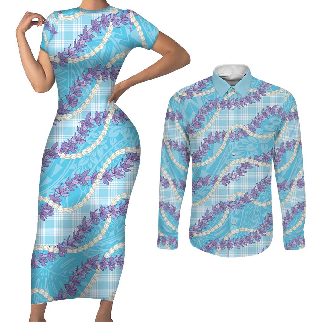 Blue Hawaii Palaka Honohono Pikake Couples Matching Short Sleeve Bodycon Dress and Long Sleeve Button Shirt Hawaiian Orchid Lei Polynesian Pattern LT14 Blue - Polynesian Pride
