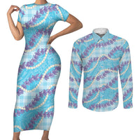 Blue Hawaii Palaka Honohono Pikake Couples Matching Short Sleeve Bodycon Dress and Long Sleeve Button Shirt Hawaiian Orchid Lei Polynesian Pattern LT14 Blue - Polynesian Pride