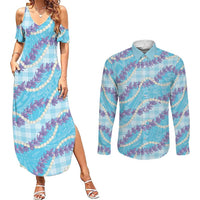 Blue Hawaii Palaka Honohono Pikake Couples Matching Summer Maxi Dress and Long Sleeve Button Shirt Hawaiian Orchid Lei Polynesian Pattern LT14 Blue - Polynesian Pride