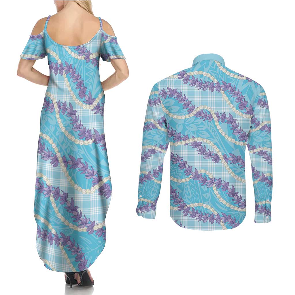 Blue Hawaii Palaka Honohono Pikake Couples Matching Summer Maxi Dress and Long Sleeve Button Shirt Hawaiian Orchid Lei Polynesian Pattern LT14 - Polynesian Pride