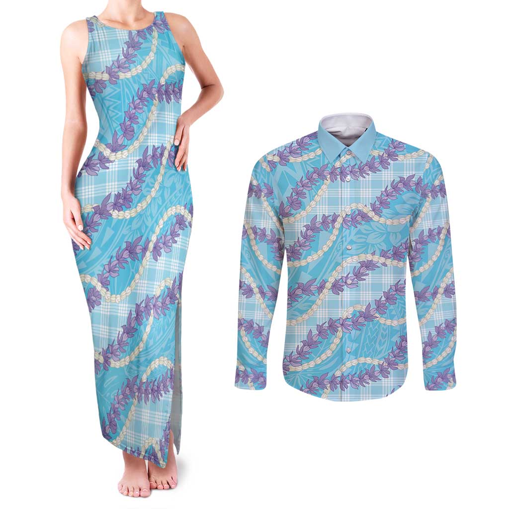 Blue Hawaii Palaka Honohono Pikake Couples Matching Tank Maxi Dress and Long Sleeve Button Shirt Hawaiian Orchid Lei Polynesian Pattern LT14 Blue - Polynesian Pride