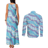 Blue Hawaii Palaka Honohono Pikake Couples Matching Tank Maxi Dress and Long Sleeve Button Shirt Hawaiian Orchid Lei Polynesian Pattern LT14 - Polynesian Pride