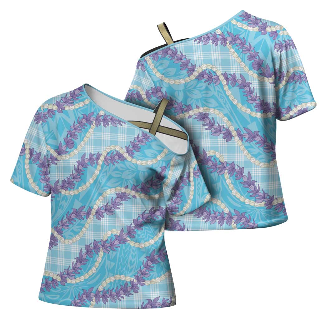 Blue Hawaii Palaka Honohono Pikake Cross Shoulder Shirt Hawaiian Orchid Lei Polynesian Pattern - Polynesian Pride