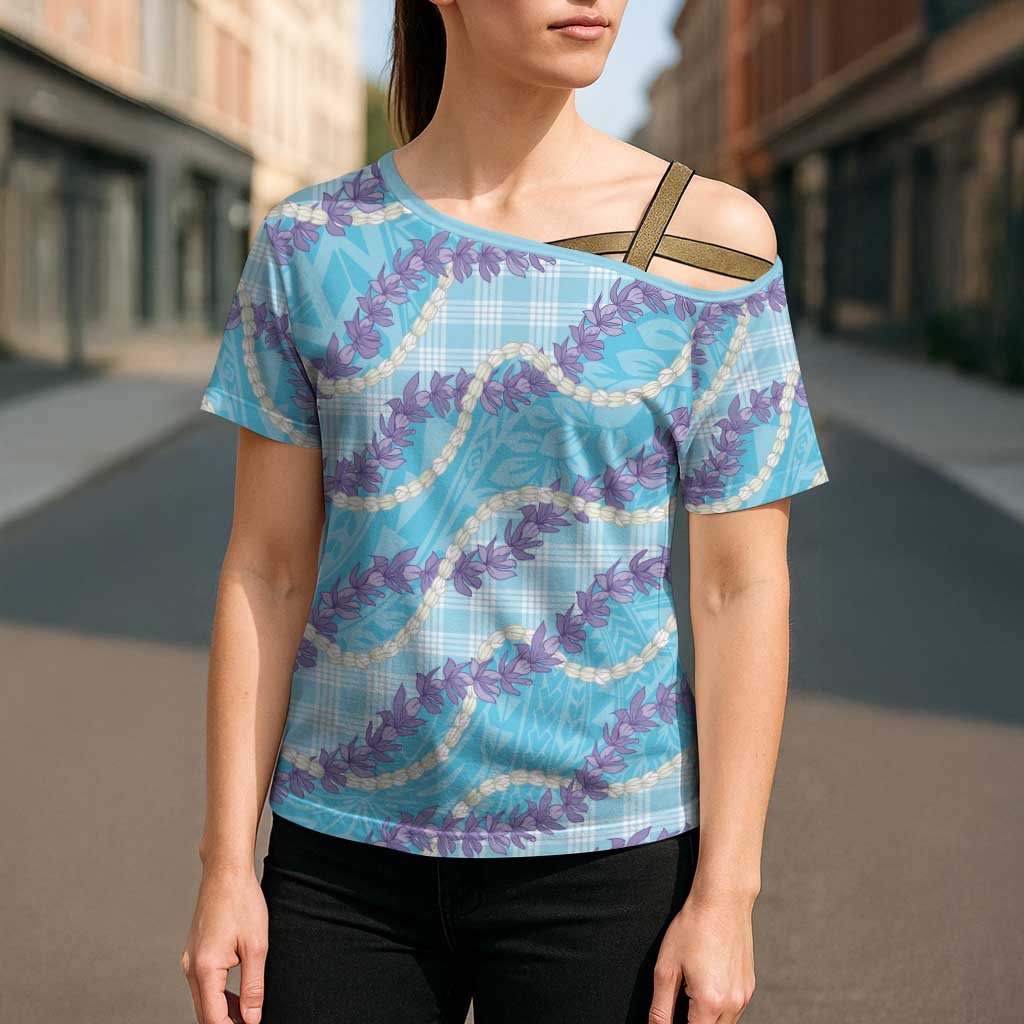 Blue Hawaii Palaka Honohono Pikake Cross Shoulder Shirt Hawaiian Orchid Lei Polynesian Pattern - Polynesian Pride
