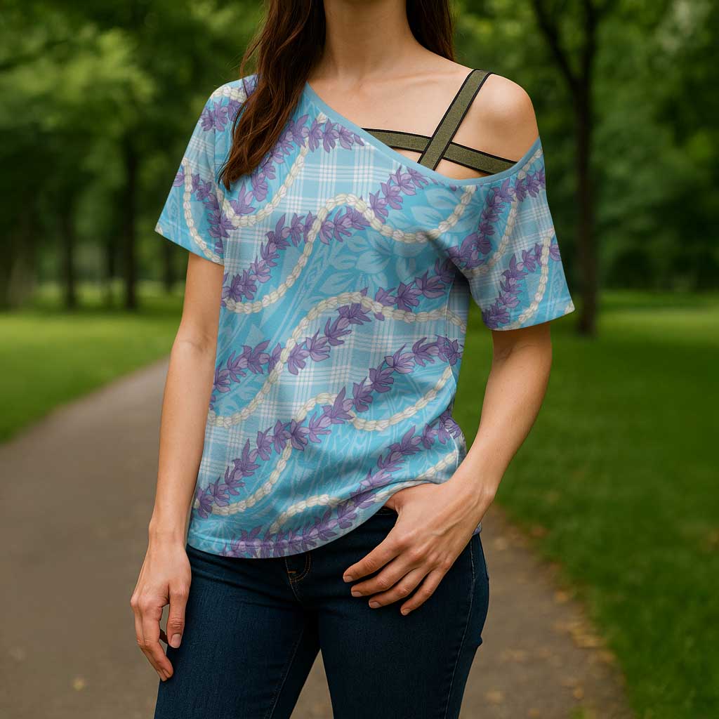 Blue Hawaii Palaka Honohono Pikake Cross Shoulder Shirt Hawaiian Orchid Lei Polynesian Pattern - Polynesian Pride