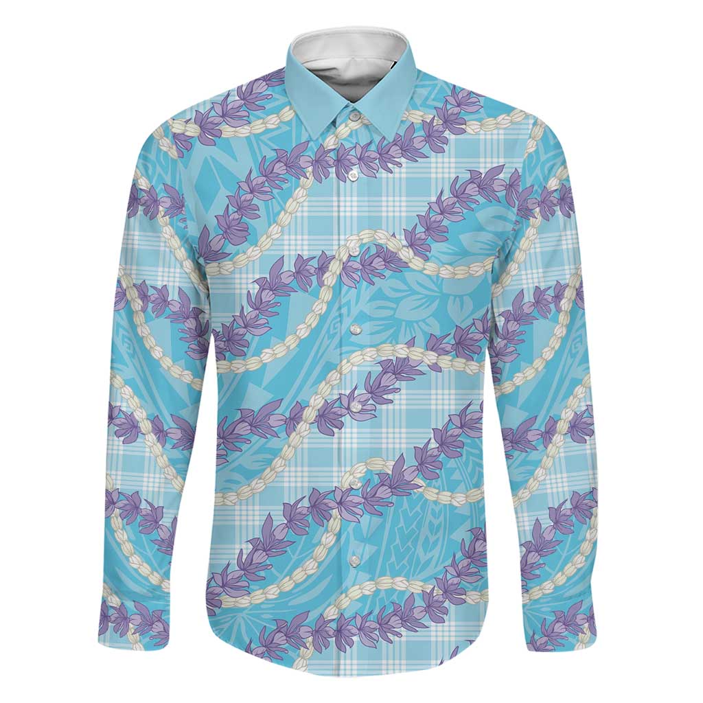 Blue Hawaii Palaka Honohono Pikake Family Matching Long Sleeve Bodycon Dress and Hawaiian Shirt Hawaiian Orchid Lei Polynesian Pattern LT14 Dad's Shirt - Long Sleeve Blue - Polynesian Pride