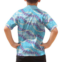 Blue Hawaii Palaka Honohono Pikake Family Matching Off The Shoulder Long Sleeve Dress and Hawaiian Shirt Hawaiian Orchid Lei Polynesian Pattern LT14 - Polynesian Pride