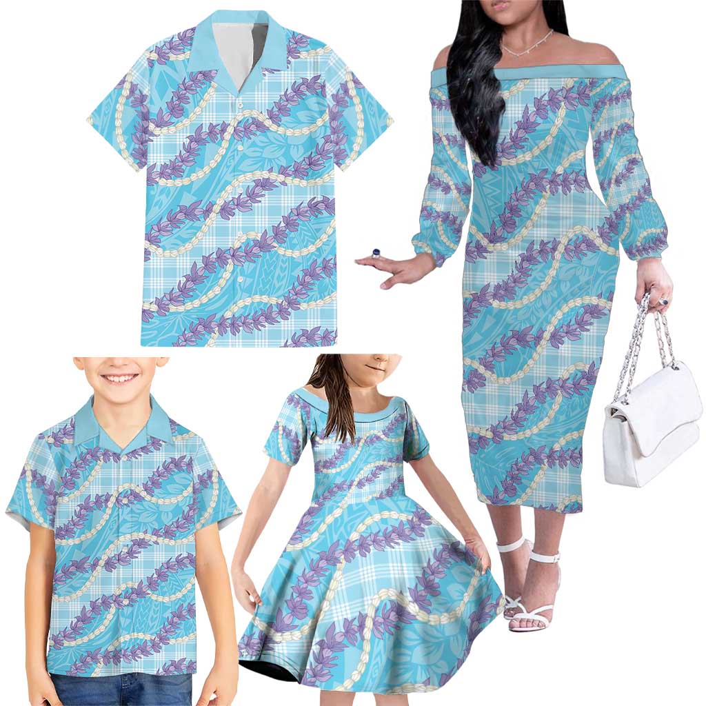 Blue Hawaii Palaka Honohono Pikake Family Matching Off The Shoulder Long Sleeve Dress and Hawaiian Shirt Hawaiian Orchid Lei Polynesian Pattern LT14 - Polynesian Pride