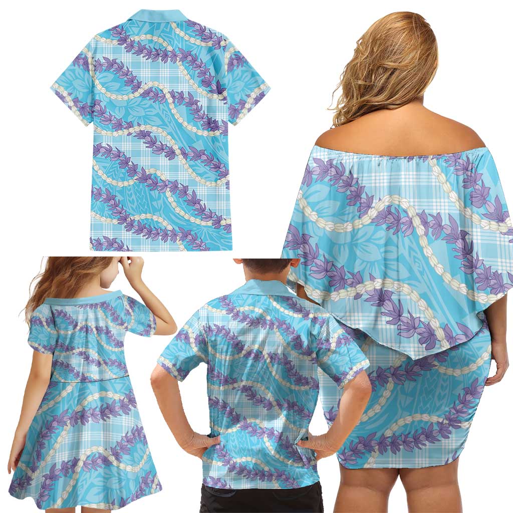 Blue Hawaii Palaka Honohono Pikake Family Matching Off Shoulder Short Dress and Hawaiian Shirt Hawaiian Orchid Lei Polynesian Pattern LT14 - Polynesian Pride