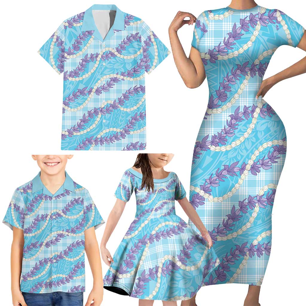 Blue Hawaii Palaka Honohono Pikake Family Matching Short Sleeve Bodycon Dress and Hawaiian Shirt Hawaiian Orchid Lei Polynesian Pattern - Polynesian Pride