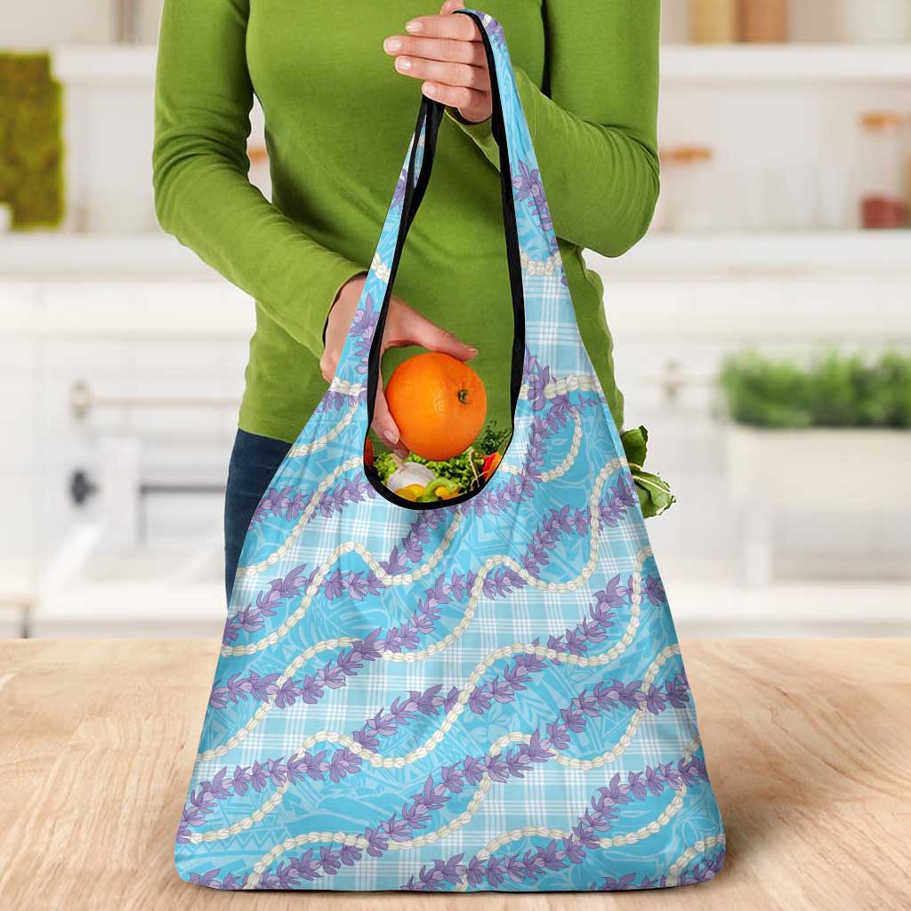 Blue Hawaii Palaka Honohono Pikake Grocery Bag Hawaiian Orchid Lei Polynesian Pattern - Polynesian Pride