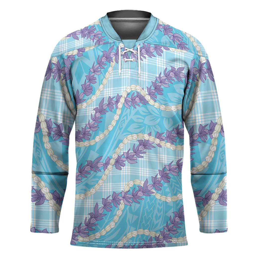 Blue Hawaii Palaka Honohono Pikake Hockey Jersey Hawaiian Orchid Lei Polynesian Pattern - Polynesian Pride