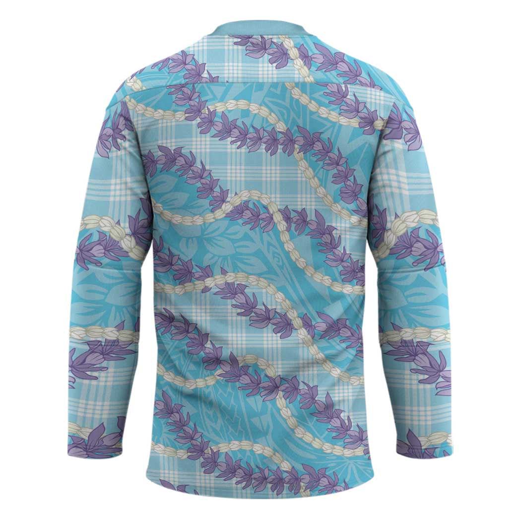 Blue Hawaii Palaka Honohono Pikake Hockey Jersey Hawaiian Orchid Lei Polynesian Pattern - Polynesian Pride