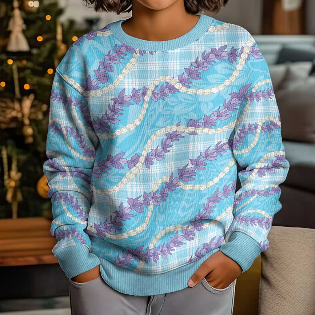 Blue Hawaii Palaka Honohono Pikake Kid Ugly Christmas Sweater Hawaiian Orchid Lei Polynesian Pattern - Polynesian Pride