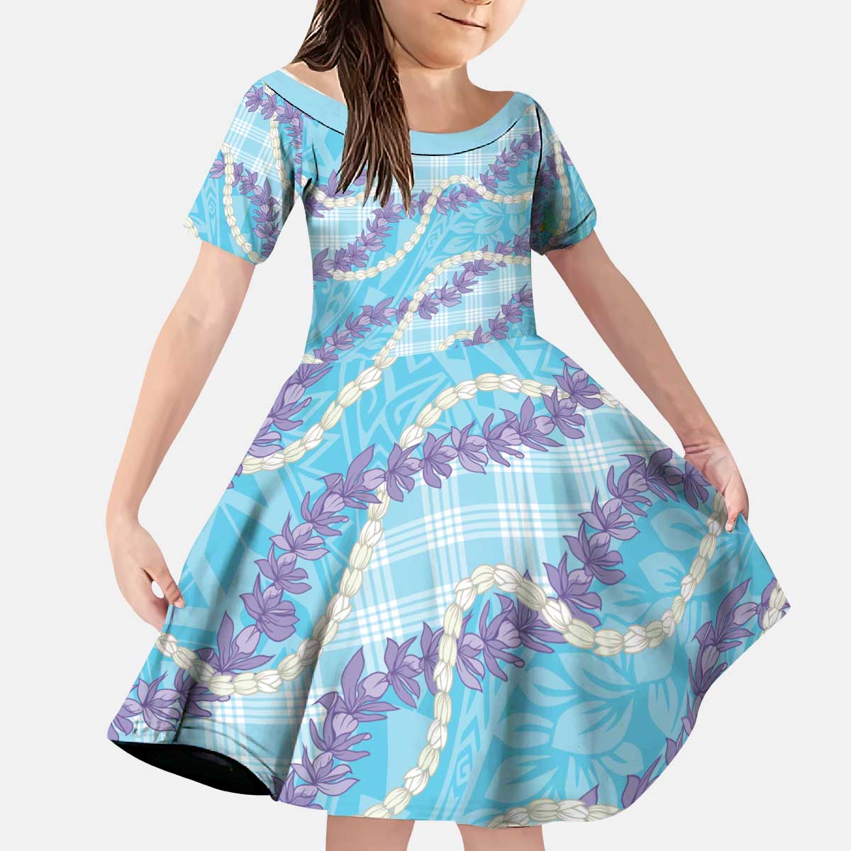 Blue Hawaii Palaka Honohono Pikake Kid Short Sleeve Dress Hawaiian Orchid Lei Polynesian Pattern - Polynesian Pride