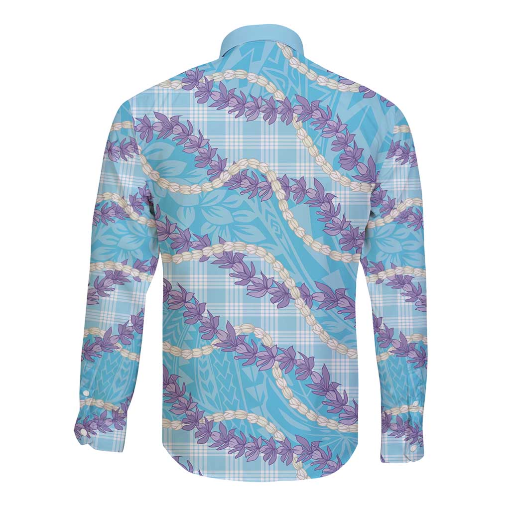 Blue Hawaii Palaka Honohono Pikake Long Sleeve Button Shirt Hawaiian Orchid Lei Polynesian Pattern - Polynesian Pride