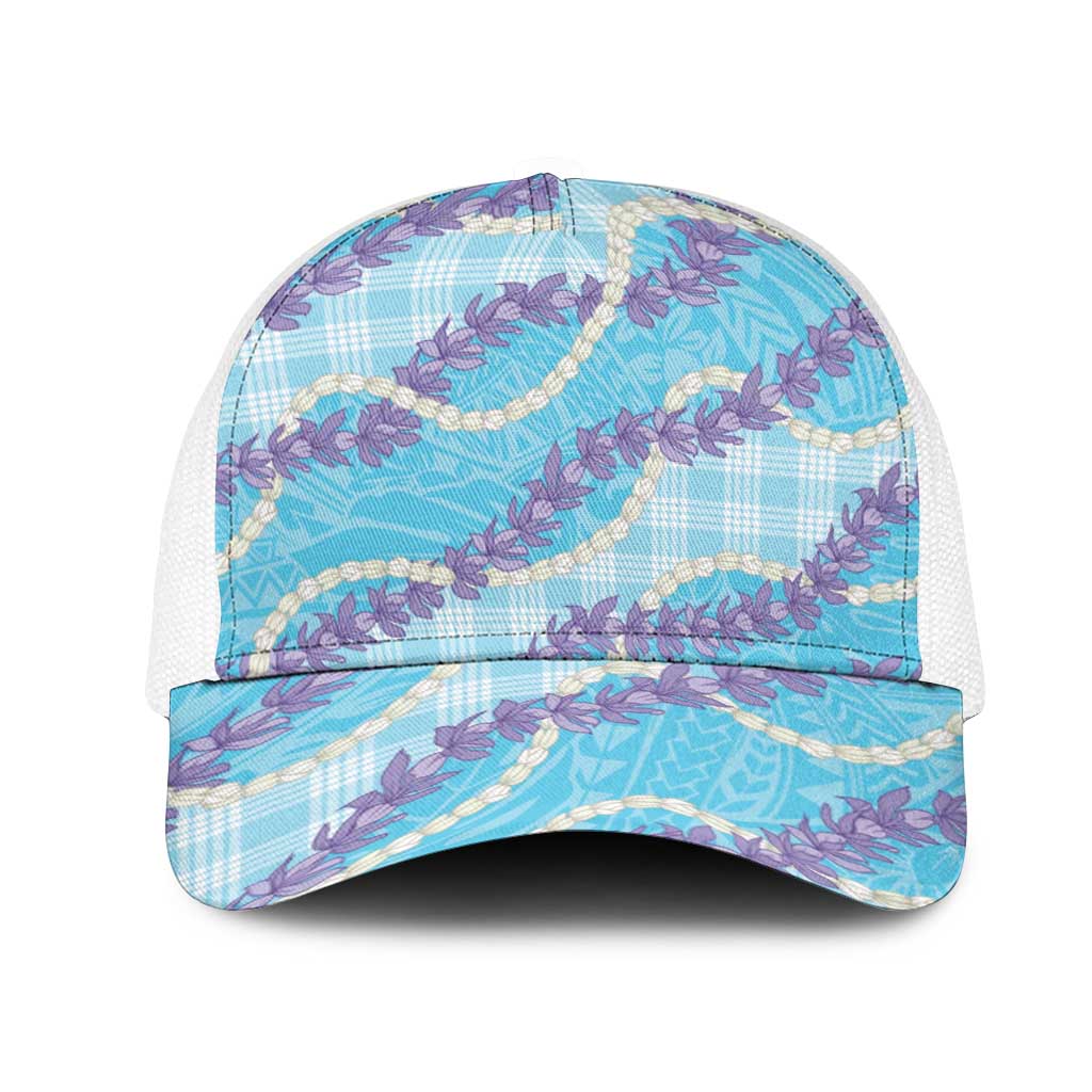 Blue Hawaii Palaka Honohono Pikake Mesh Trucker Cap Hawaiian Orchid Lei Polynesian Pattern - Polynesian Pride