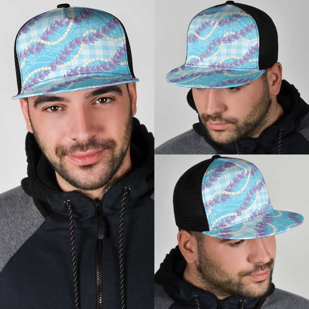 Blue Hawaii Palaka Honohono Pikake Mesh Trucker Cap Hawaiian Orchid Lei Polynesian Pattern - Polynesian Pride