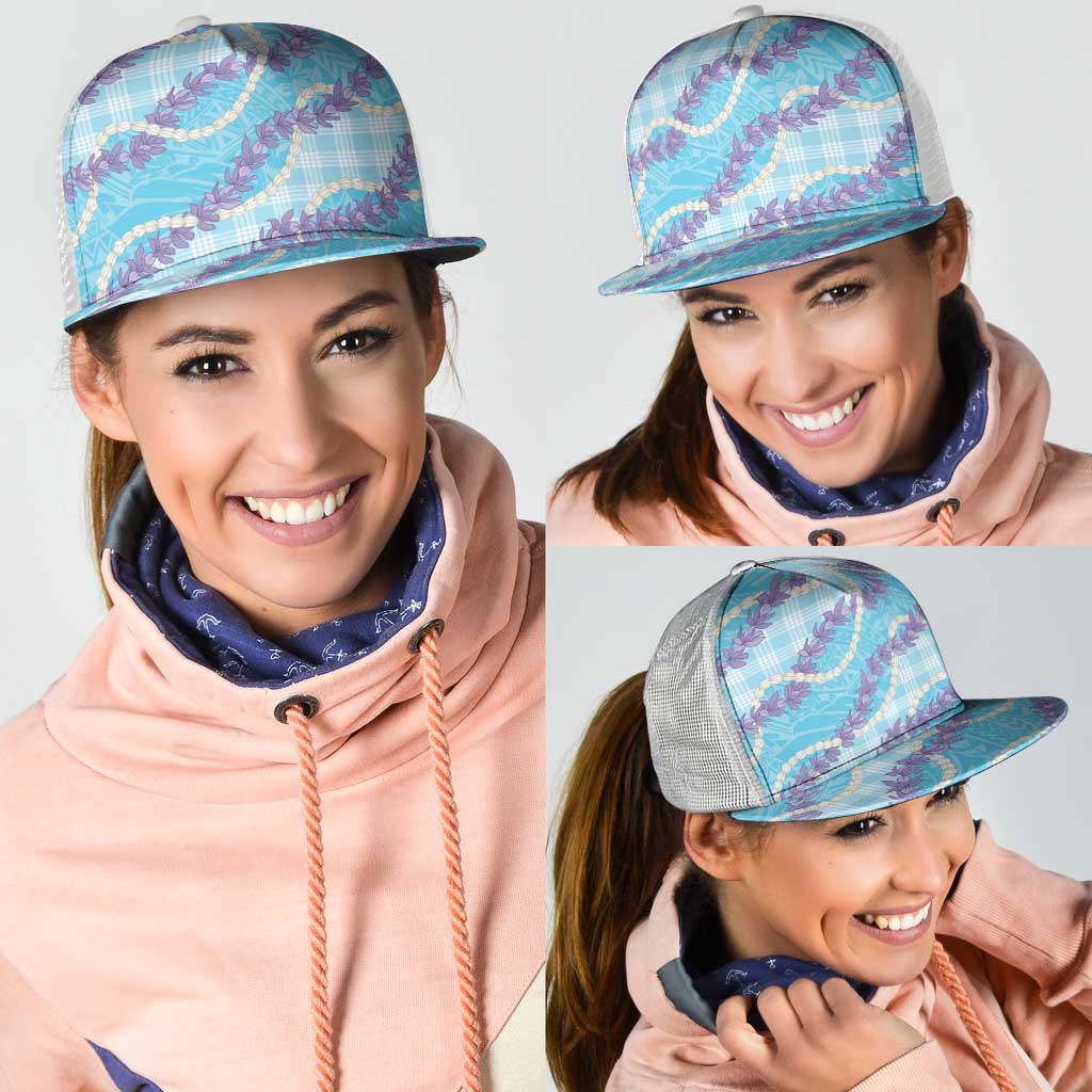 Blue Hawaii Palaka Honohono Pikake Mesh Trucker Cap Hawaiian Orchid Lei Polynesian Pattern - Polynesian Pride