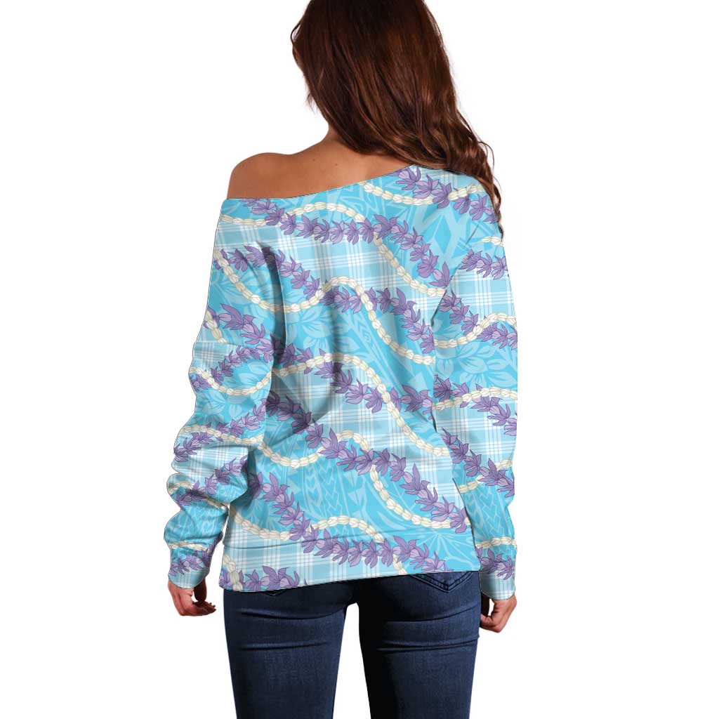 Blue Hawaii Palaka Honohono Pikake Off Shoulder Sweater Hawaiian Orchid Lei Polynesian Pattern - Polynesian Pride