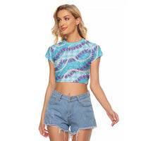Blue Hawaii Palaka Honohono Pikake Raglan Cropped T Shirt Hawaiian Orchid Lei Polynesian Pattern - Polynesian Pride